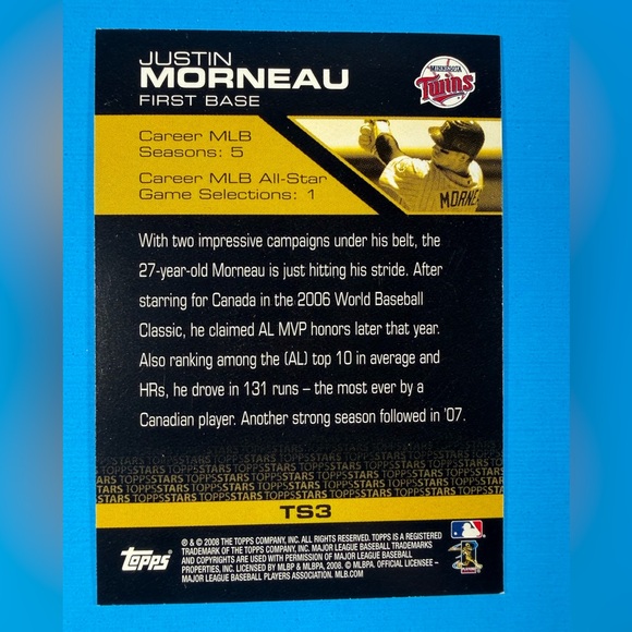 2008 Topps Baseball Topps Stars #TS3 Justin Morneau - Picture 2 of 2